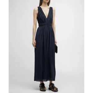 Vince Navy Blue Pleated Double V-Neck Midi Dress Size Medium Sleeveless